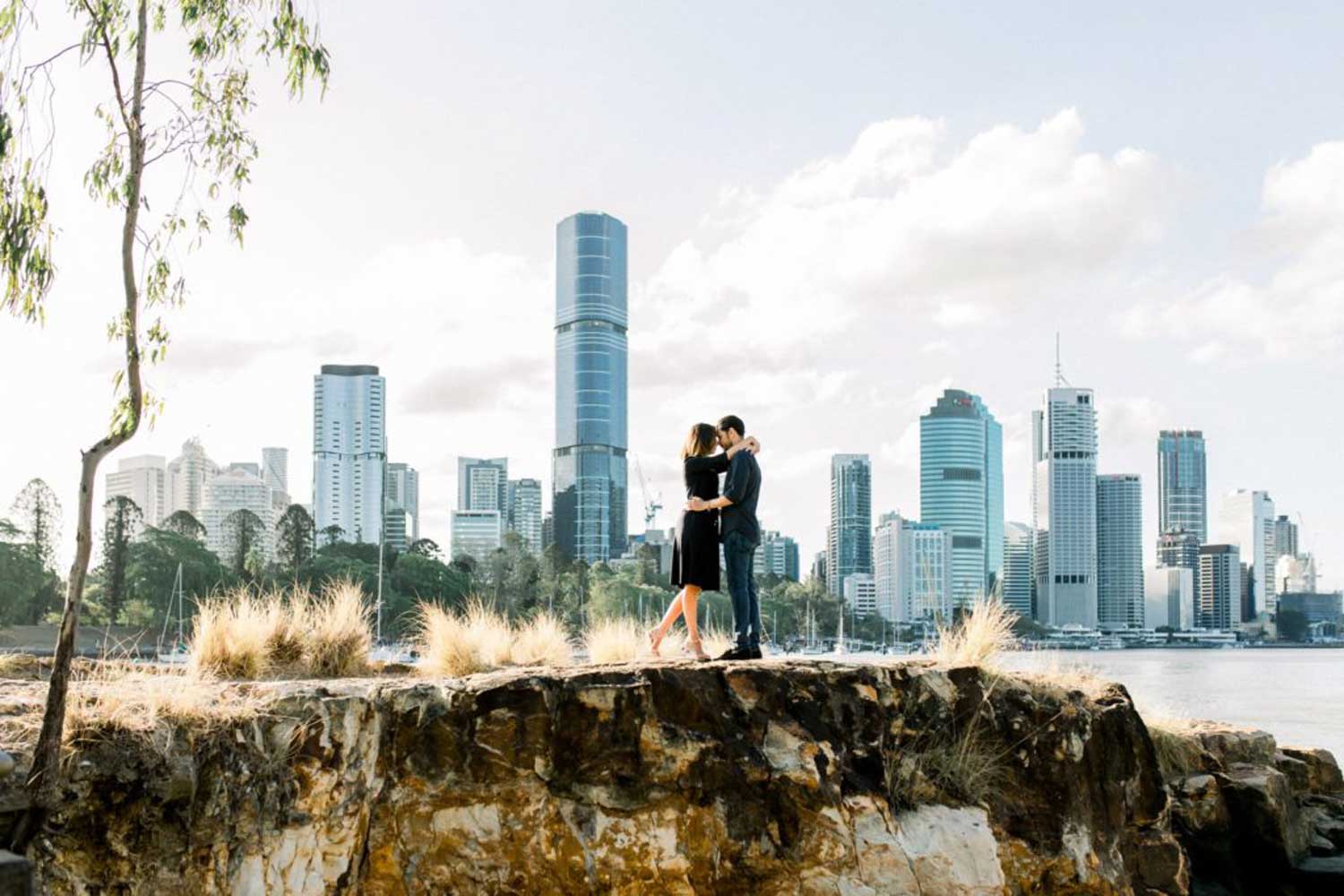 couple at Kangaroo Point Cliffs Brisbane engagement photo shoot