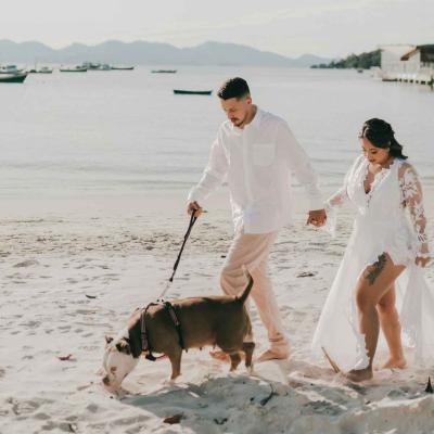 Bride And Groom On Beach Walking Their Dog