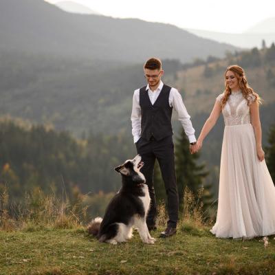 Bride and groom with dog in countryside