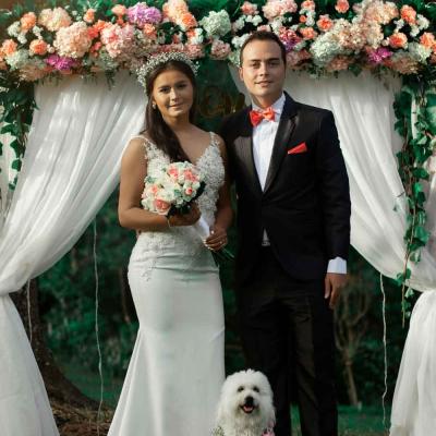 Bride And Groom With Their Dog On Wedding Day