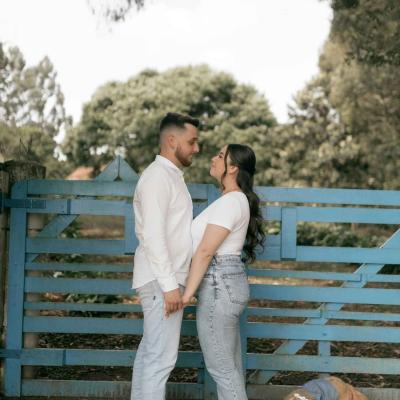 Engagement photo with dog casual couple