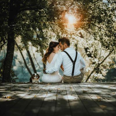 Outdoor engagement photo with dog
